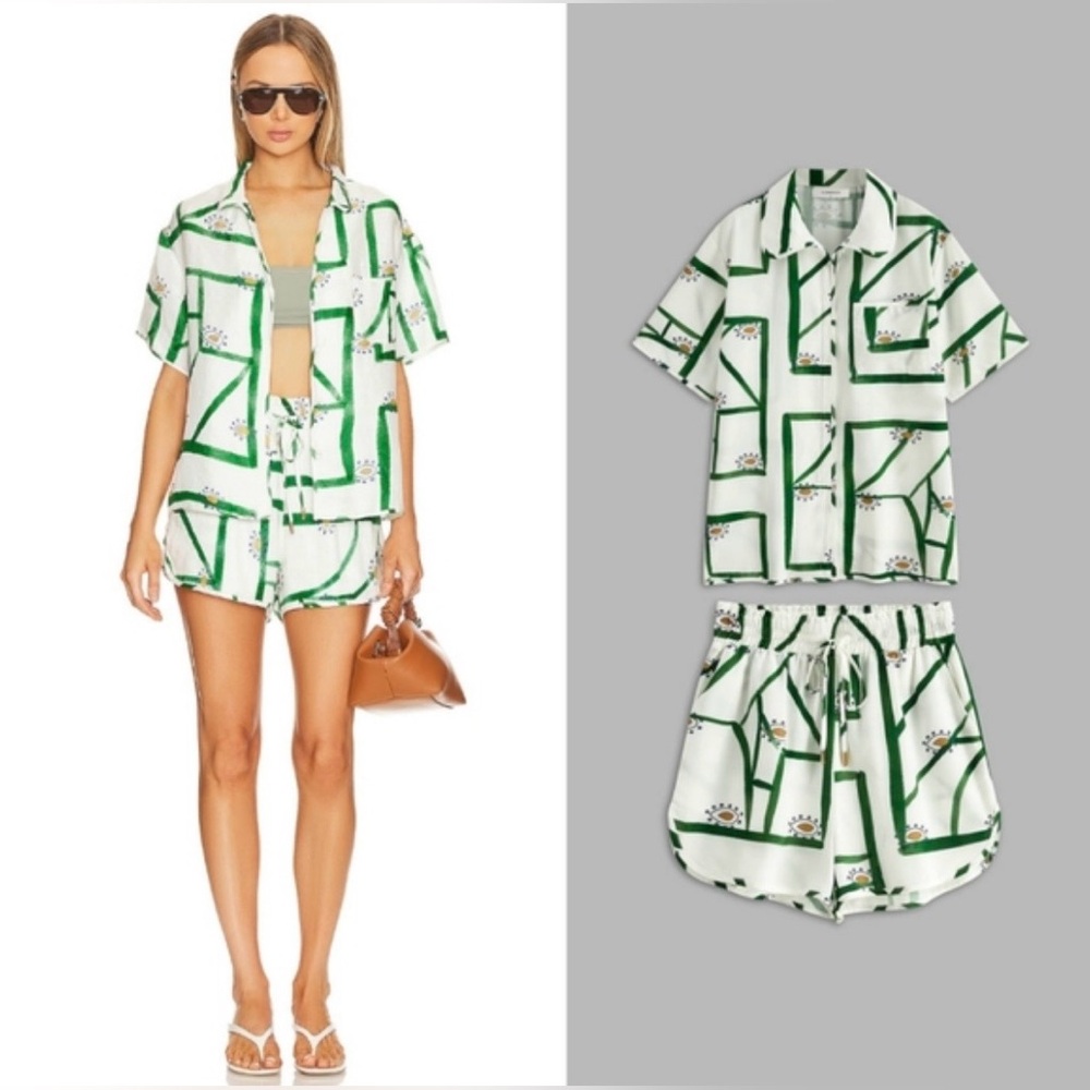 Commense Green Print Drawstring Shorts Set size XS Vacation Grecian Coastal